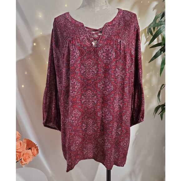 Westport Womens Paisley Smocked 3/4 Sleeve Blouse Plus Size 3X Hippie Boho Red - Picture 1 of 13